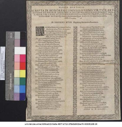 Elegia Nvptialis Scripta In Honorem Conivgii Ivvenis Virtvte, Ervditione, Et Pietate Ornatiss. D. Iacobi Mvlbeccii Halensis, Et Margaritæ, Viri Eximii Et Integer. Sapientia & Virtvte Præstantis D. Bartholomæi Botcheri, Senatoris quondam inclytæ Reip. Halensis digniß. laudatæ memoriæ, relictæ F. neogamōn