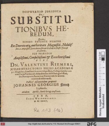 Disputatio Iuridica De Substitutionibus Heredum