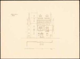 Rathaus, Breslau Umbau: Teil-Aufriss und Teil-Schnitt der Westfassade, Maßstabsleiste