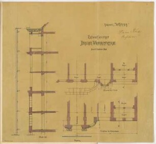 Berliner Wohnhausfassade Monatskonkurrenz März 1905: Vertikalschnitt, 2 Horizontalschnitte 1:50; Maßstabsleiste