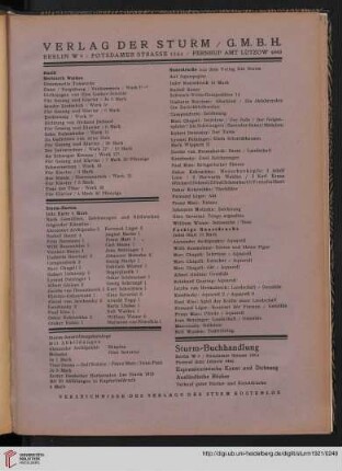 Verlag Der Sturm / Musik / Sturm-Karten / Sturm-Ausstellungskataloge / Kunstdrucke / Sturm-Buchhandlung