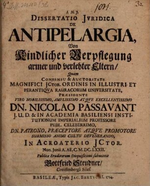 Diss. iur. de antipelargia, Von Kindlicher Verpflegung armer und verlebter eltern