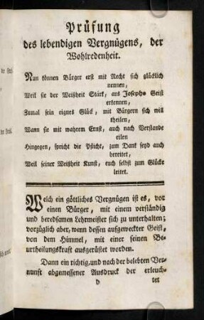 Prüfung des lebendigen Vergnügens, der Wohlredenheit.