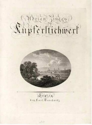 Titelblatt zu Adrian Zinggs Kupferstichwerk mit Ansicht von Dresden aus dem Pieschener Winkel