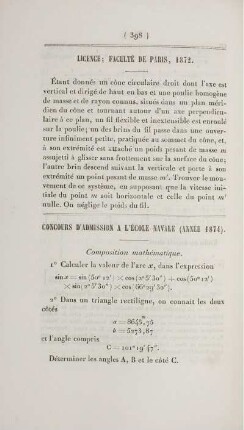 Concours d'admission a l'école navale (Année 1874).