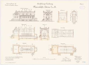 Kavalleriekaserne, Münster: Beschlagschmiede: Grundriss Untergeschoss, Erdgeschoss, Sparrenlage, Aufriss Seitenansicht, Giebelansicht, Querschnitt, Längsschnitt 1:100