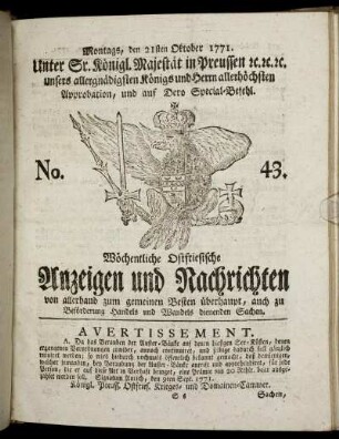 No. 43. Montags, den 21sten Oktober 1771.