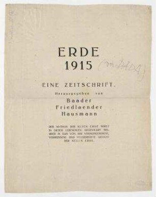 Erde 1915: Eine Zeitschrift. Titelblatt-Entwurf