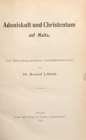 Adoniskult und Christentum auf Malta : eine Beleuchtung moderner Geschichtsbaumeisterei