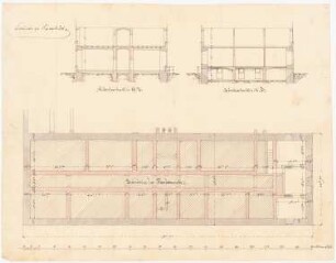 Seminargebäude, Osnabrück: Grundriss Fundamente, 2 Schnitte