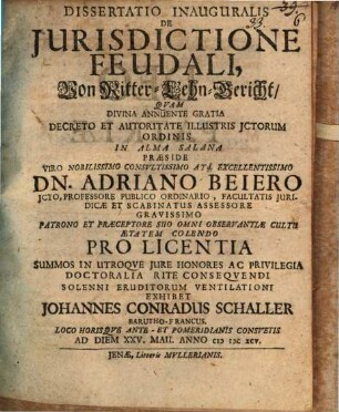 Dissertatio inauguralis de iurisdictione feudali, von Ritter-Lehn-Gericht : = Von Ritter-Lehn-Gericht