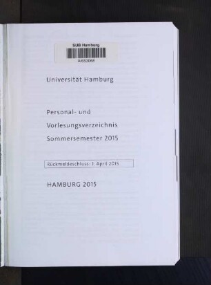 SS 2015: Personal- und Vorlesungsverzeichnis // Hamburgische Universität