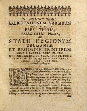 Exercitationum variarum juris publici, pars ..., 3,[1]. In qua agitur de statu regionum Germaniae ...