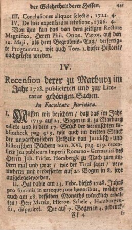 IV. Recension derer zu Marburg im Jahr 1728. publicirten und zur Literatur gehörigen Sachen.