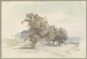Gebäude hinter Bäumen auf einer Anhöhe, in der Ferne ein Höhenzug, davor ein Gewässer (Mittelrheinlandschaft?)