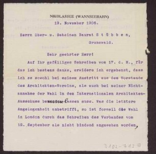 Schreiben an Ober- und Geheimen Baurat J. Stübben, Grunewald (Brief)