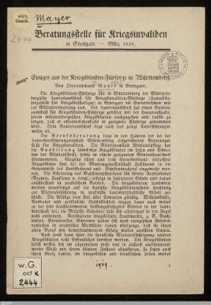Einiges aus der Kriegsblinden-Fürsorge in Württemberg