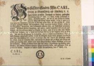 Verordnung von Karl I. Herzog von Braunschweig und Lüneburg über die Entrichtung einer Erbschaftssteuer