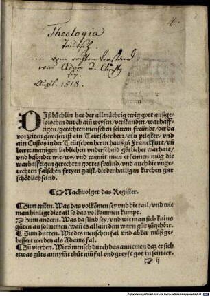 Theologia Teütsch : Das ist ain edels vnd kostlichs büchlin von rechtem verstannd, was Adam und Christus sey