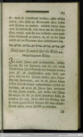Brief eines Freundes über die Seite 44. vorgetragenen Sätze