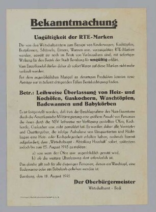 "Bekanntmachung. Ungültigkeit der RTE-Marken"