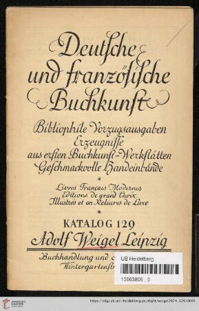 Nr. 129: Antiquariats-Katalog: Deutsche und französische Buchkunst