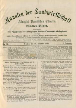 No. 51. Berlin, den 18. Dezember 1861. I. Jahrgang.