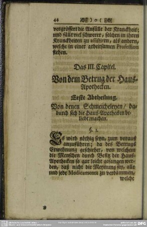 Das III. Capitel. Von dem Betrug der Haus-Apothecken