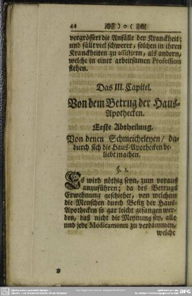 Das III. Capitel. Von dem Betrug der Haus-Apothecken