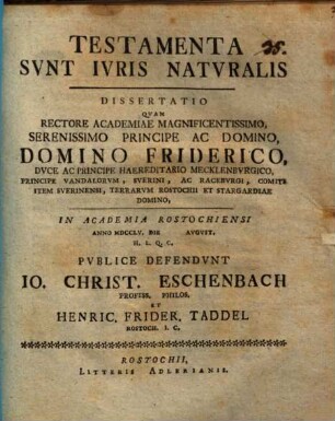 Testamenta Svnt Ivris Natvralis : Dissertatio