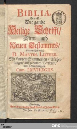 Biblia, Das ist: Die gantze Heilige Schrifft/ Alten und Neuen Testaments