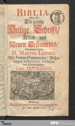 Biblia, Das ist: Die gantze Heilige Schrifft/ Alten und Neuen Testaments
