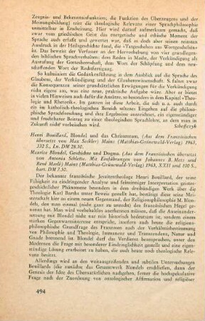 494-496 [Rezension] Bouillard, Henri, Blondel und das Christentum