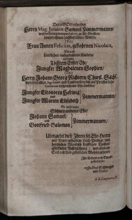 Des in Gott ruhenden Herrn Mag. Johann Samuel Zimmermmanns ... hinterlassenen hochbetrübten Wittib ...