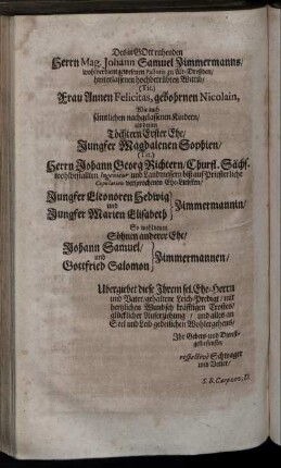 Des in Gott ruhenden Herrn Mag. Johann Samuel Zimmermmanns ... hinterlassenen hochbetrübten Wittib ...