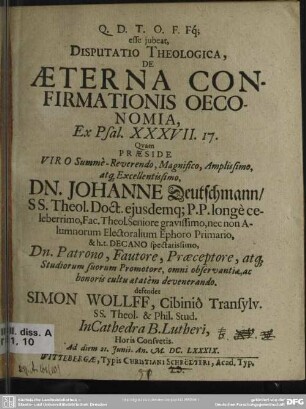 Disputatio theologica, de aeterna confirmationis oeconomia, ex Psal. XXXVII. 17.