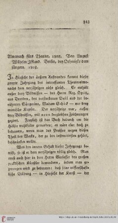 Almanach fürs Theater. 1808. Von August Wilhelm Iffland