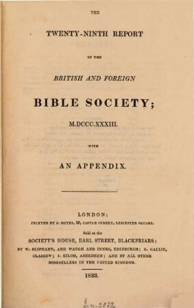 Report of the British and Foreign Bible Society. 29, 29. 1833