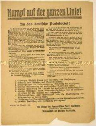 Gemeinsamer programmatischer Aufruf der Kommunistischen Partei Deutschlands und des Reichsausschusses deutscher Betriebsräte zum Generalstreik