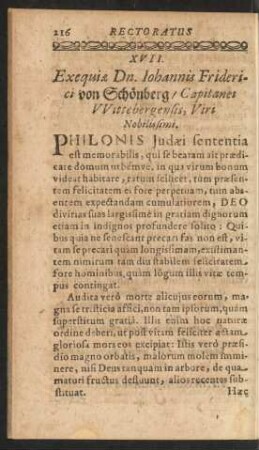XVII. Exequiae Dn. Iohannis Friderici von Schönberg/ Capitanei Wittebergensis, Viri Nobilissimi.