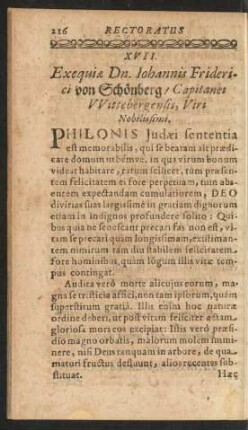XVII. Exequiae Dn. Iohannis Friderici von Schönberg/ Capitanei Wittebergensis, Viri Nobilissimi.