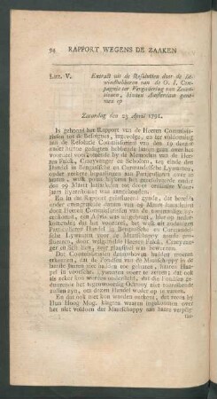 Litt. V. Extract uit de resolutien door de bewindhebberen van de O. I. Compagnie ter vergadering van zeventienen, ...