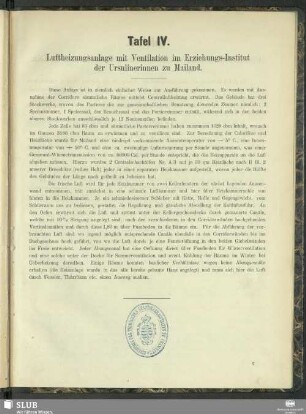 Tafel IV. Luftheizungsanlage mit Ventilation im Erziehungs-Institut der Ursulinerinnen zu Mailand
