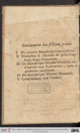 Continentur hac sectione prima