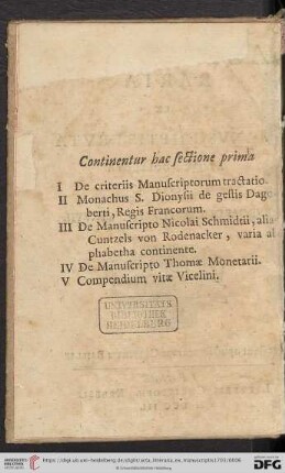 Continentur hac sectione prima