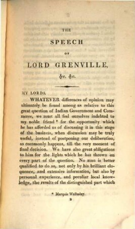 The speech of Lord Grenville, on the Marquis Wellesley's motion in the House of Lords, on friday, the 9th of April, 1813, for the production of certain papers on Indian affairs