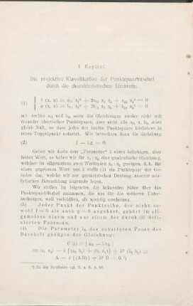 I. Kapitel. Die projektive Klassifikation der Punktepaarbüschel durch die charakteristischen Elemente.