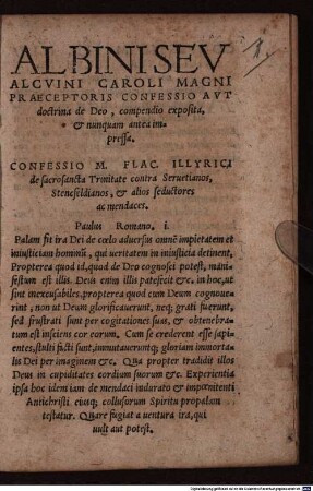 Albini seu Alcuini Caroli Magni Praeceptoris Confessio aut doctrina de Deo : compendio exposita, et nunquam antea impressa