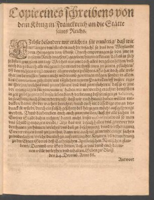 Copie eines schreibens von dem König in Franckreich an die Stätte seines Reichs.