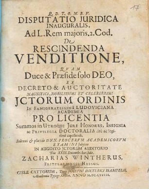 Disputatio juridica inauguralis ad l. rem maioris 2. cod. De rescindenda venditione